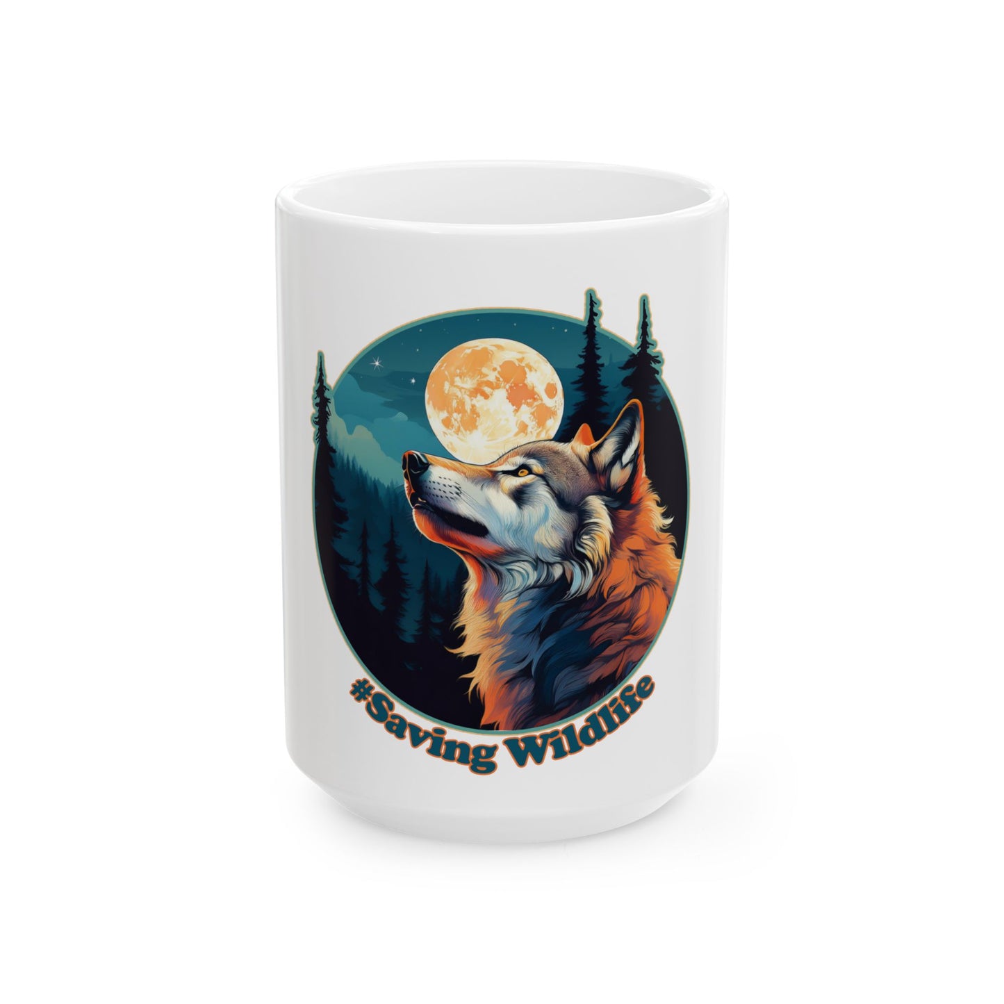 Wolf and Moon Ceramic Mug, (15oz)